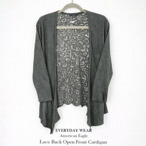 American Eagle Gray Open Front Cardigan Lace Back Panel Draped Knit Women’s L